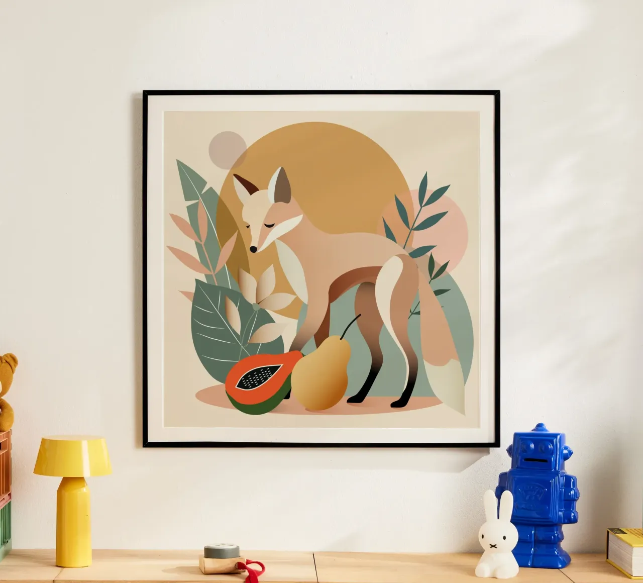 Elegante volpe con foglie e frutti tropicali poster con telaio in legno da namosh