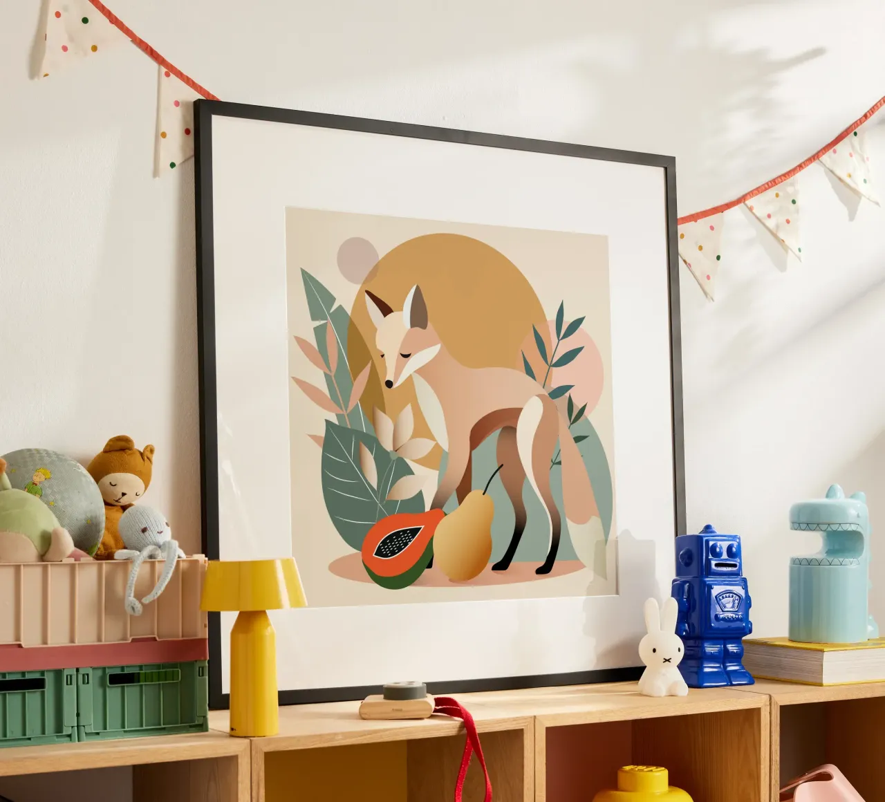 Elegante volpe con foglie e frutti tropicali poster con telaio in legno da namosh