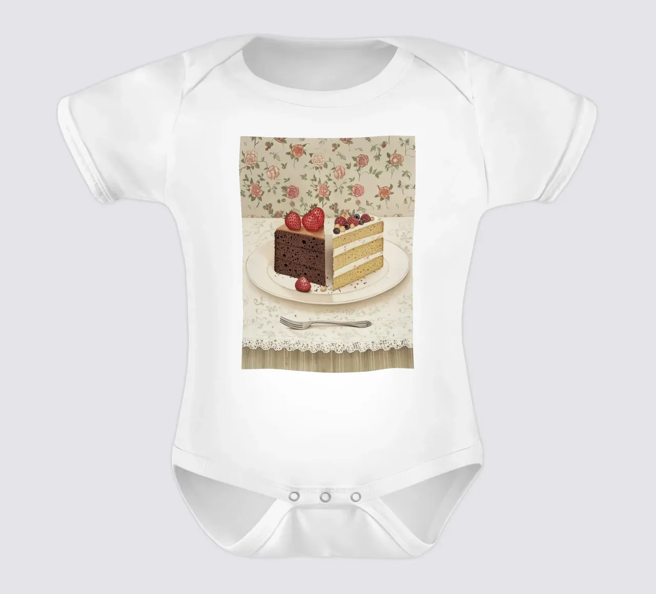 A Tale of Two Cakes short-sleeve baby romper by Rustic Grace Studio 02