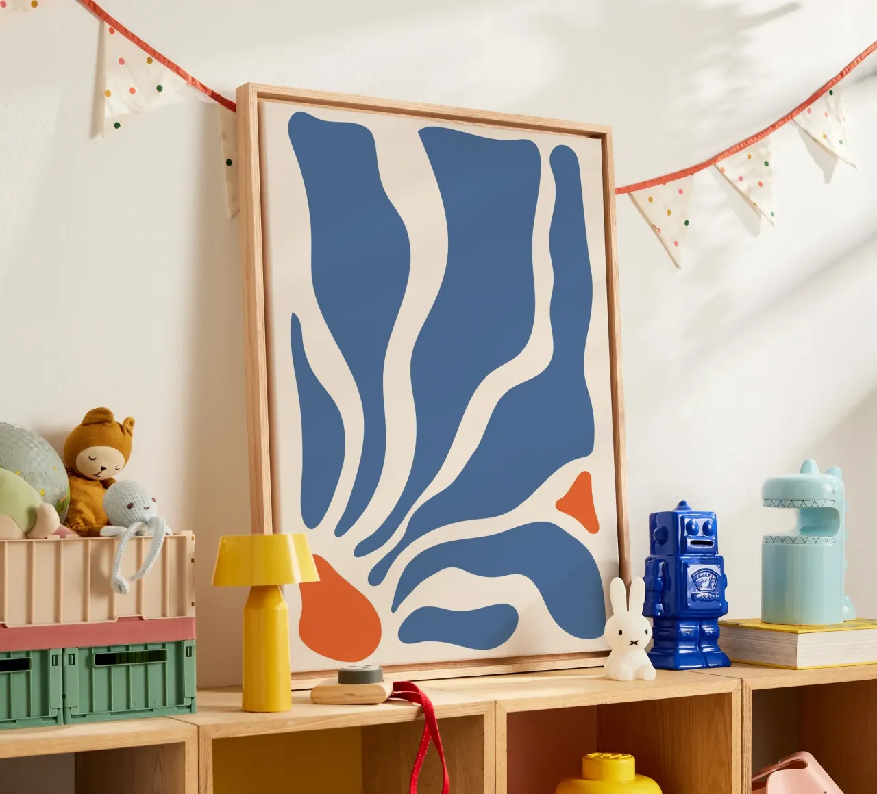 Abstracte golven - blauw en oranje ontwerp canvas met Baklijst van Whole©