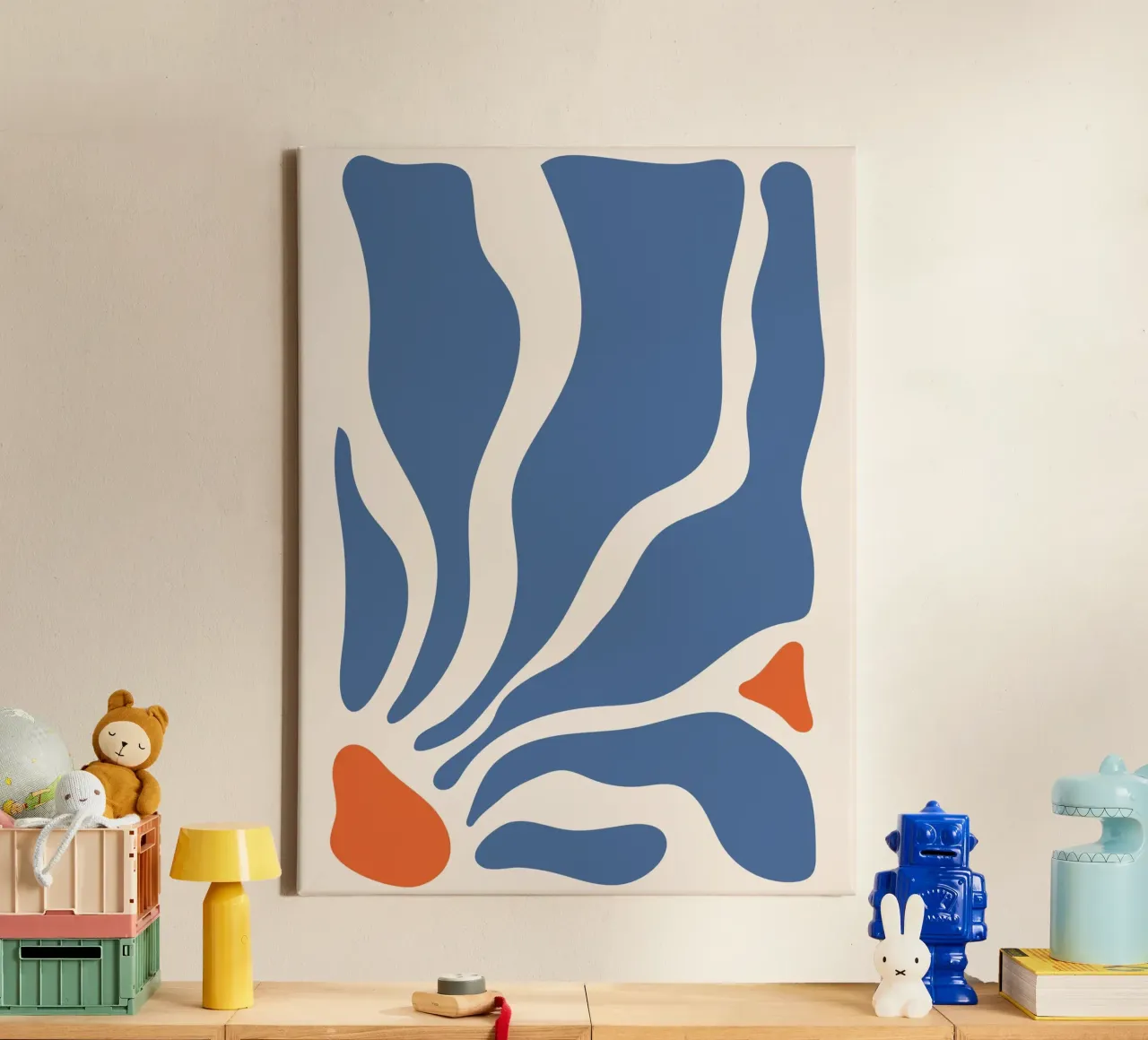 Abstracte golven - blauw en oranje ontwerp canvas met Baklijst van Whole©