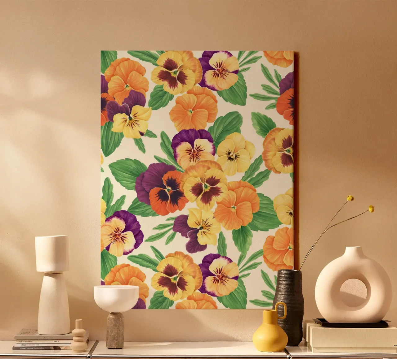 Viooltjes op gebroken wit canvas met Baklijst van Painted Nature