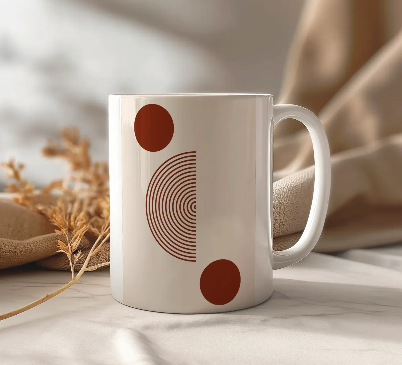 Geometrisch evenwicht - roestrood ontwerp keramische mok van Whole©