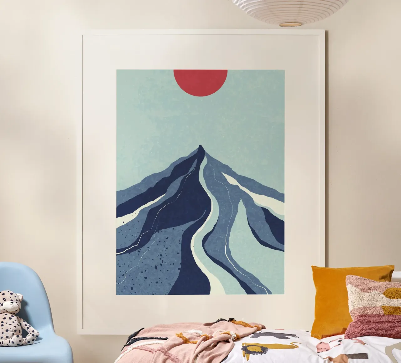 Paesaggio montano astratto - blu e rosso poster con telaio in legno da Whole©
