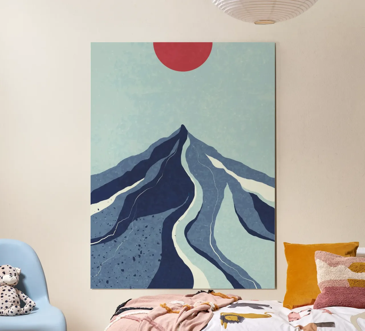 Paesaggio montano astratto - blu e rosso poster con telaio in legno da Whole©