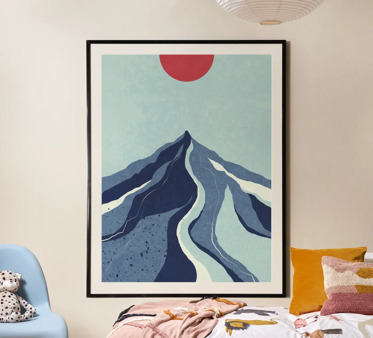 Paesaggio montano astratto - blu e rosso poster con telaio in legno da Whole©