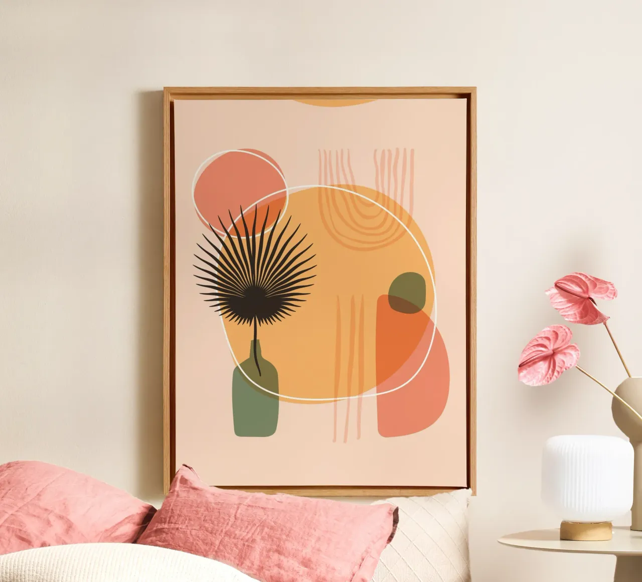Abstracte boho-kunst - Warme kleuren canvas met Baklijst van Whole©