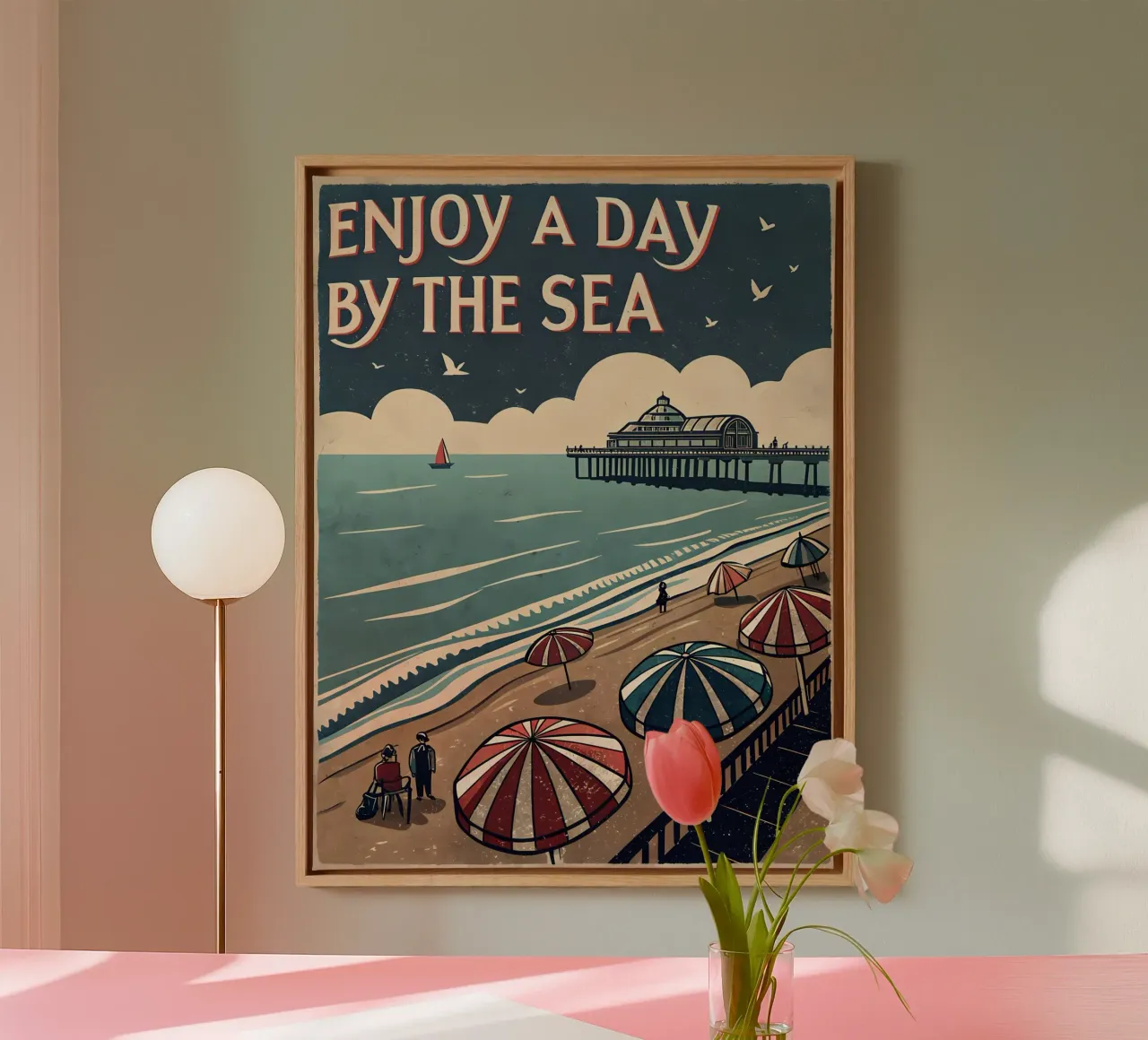 Vintage kustposterkunst - Kustgevoel canvas met Baklijst van Jester Krew Art