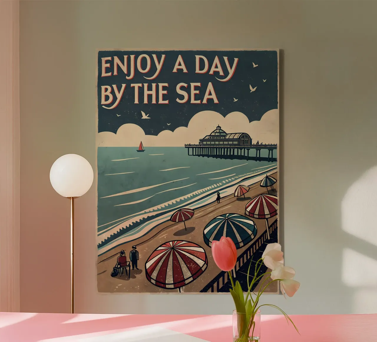 Vintage kustposterkunst - Kustgevoel canvas met Baklijst van Jester Krew Art
