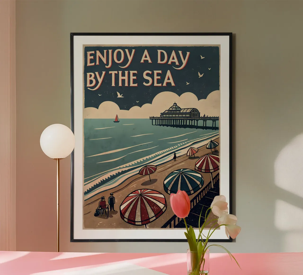 Vintage Seaside Poster Art - Coastal Vibes poster with aluminum frame by Jester Krew Art