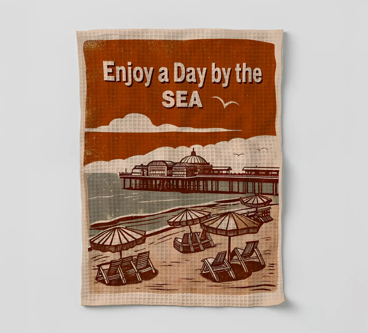 Retro Seaside Illustration - Beach Relaxation tea towel by Jester Krew Art