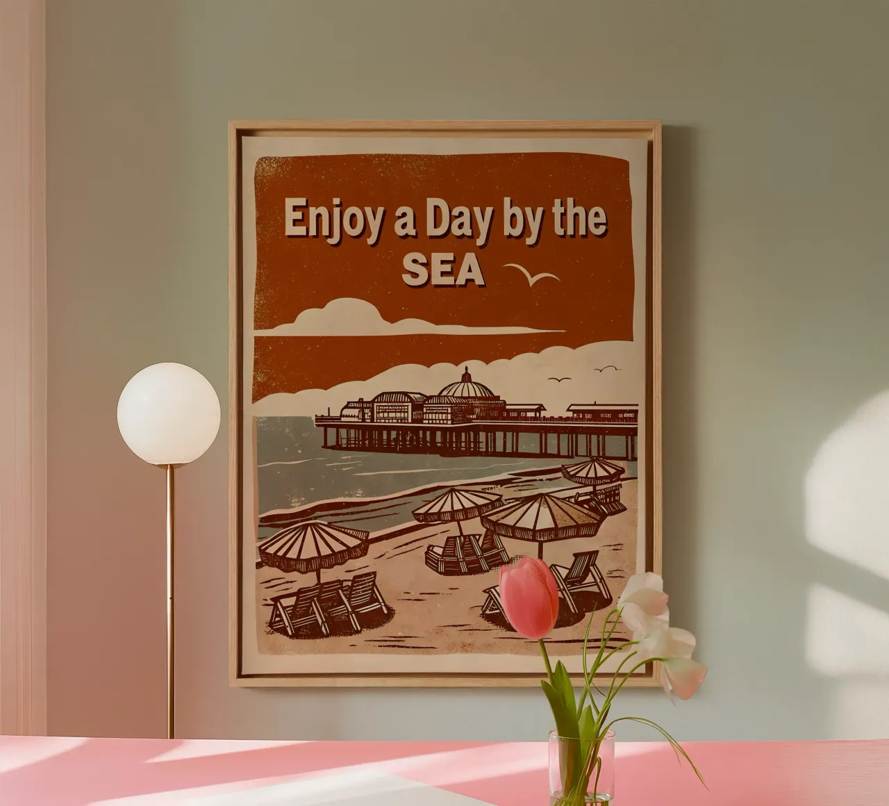 Retro Zeekustillustratie - Strandontspanning canvas met Baklijst van Jester Krew Art
