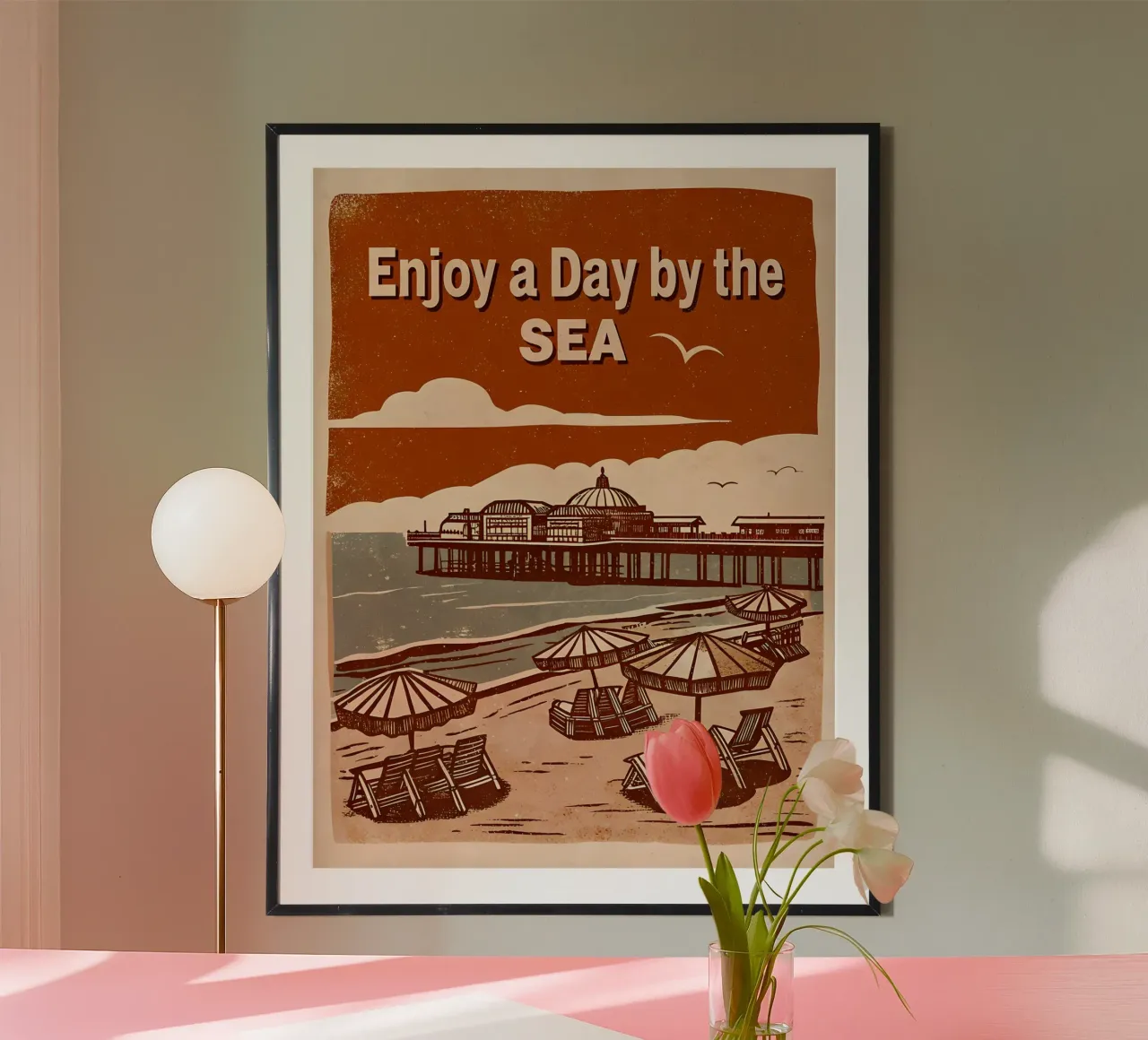 Retro Seaside Illustration - Strandentspannung Poster mit Aluminium Rahmen von Jester Krew Art