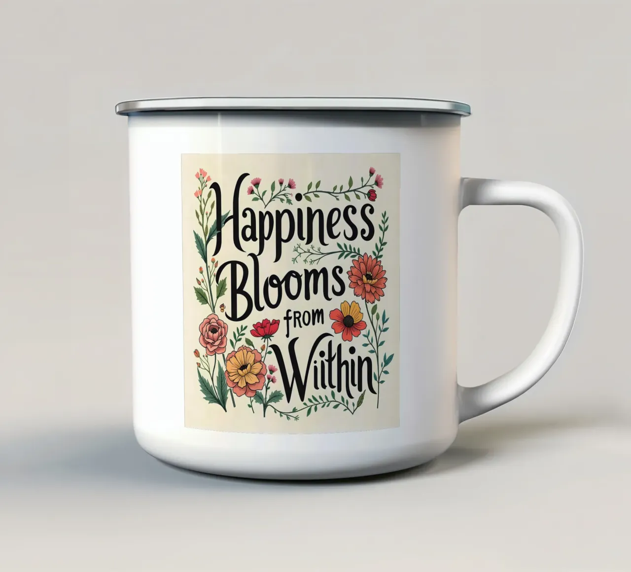 La felicità fiorisce dall'interno tazza in smalto da inspirational quote