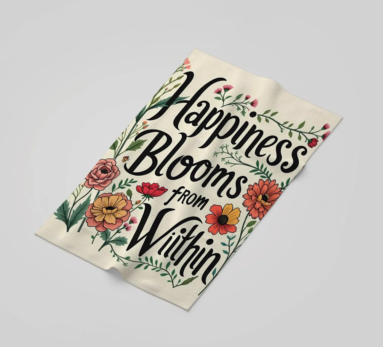 Happiness Blooms from Within beach towel by inspirational quote