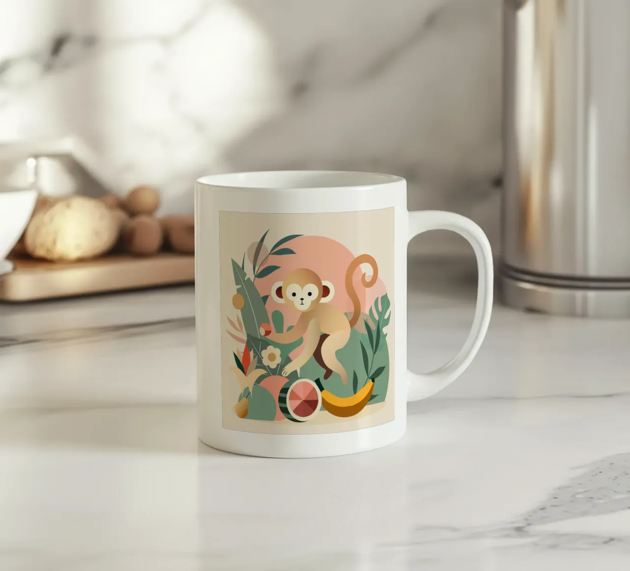 Scimmia giocosa con piante e frutta tropicali tazza in ceramica da namosh