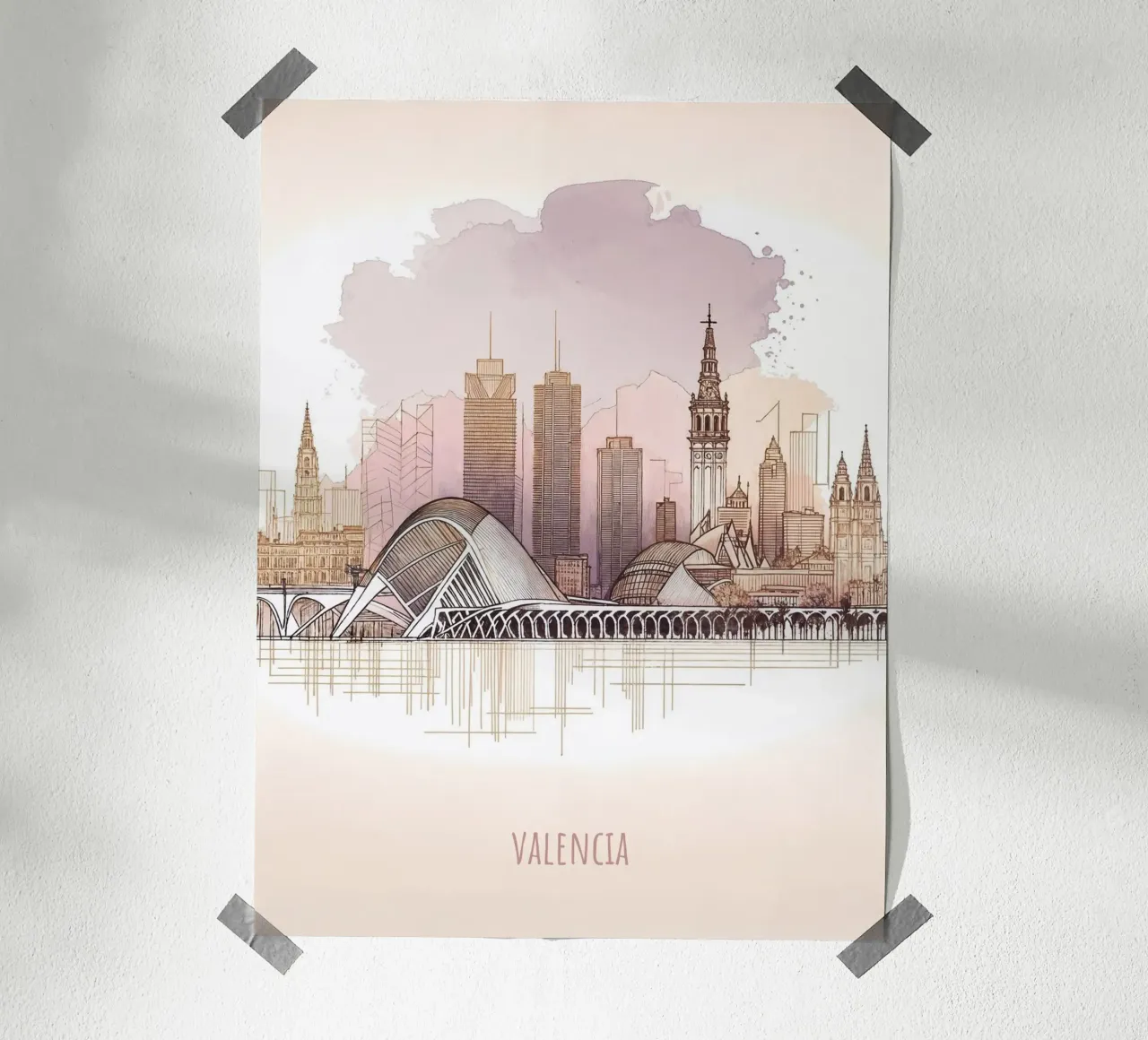 La città di Valencia: punti di riferimento moderni e minimalisti poster con telaio in legno da WijdevenDesign