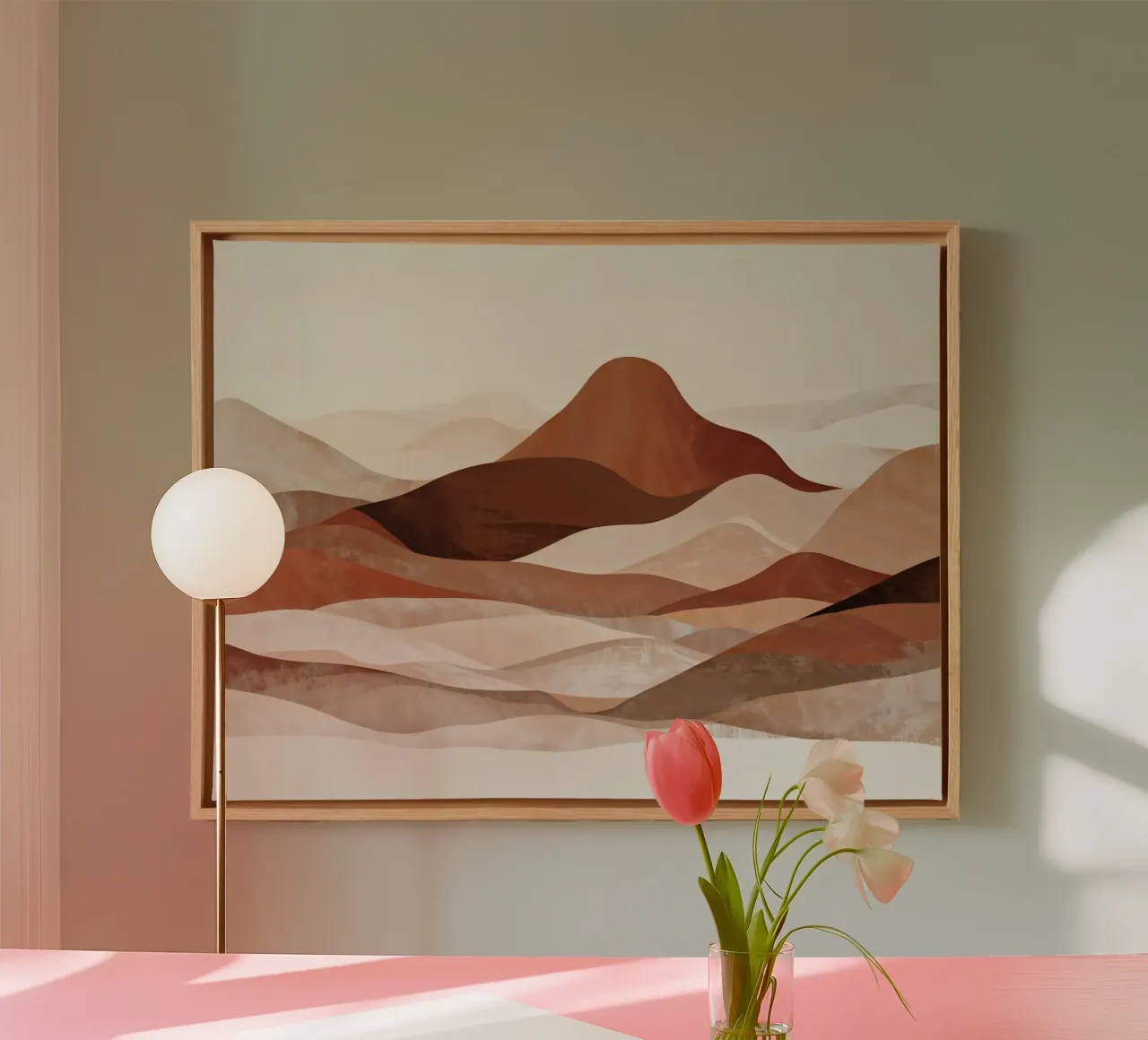 Paesaggio montano astratto in un colore neutro beige-terra - marrone tela con Cornice a cassetta da WijdevenPrints