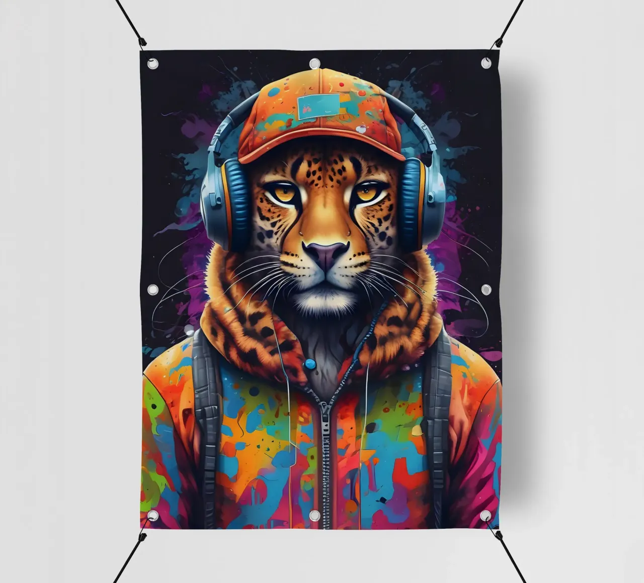 Leopardo con auriculares lonas publicitarias de MakArena