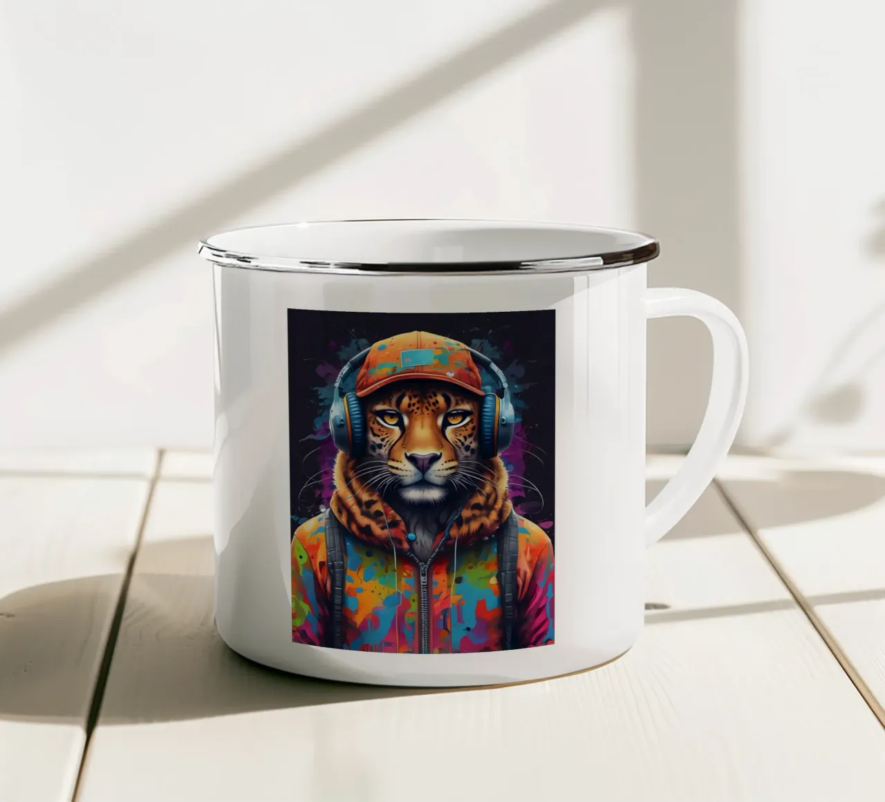 Leopard in headphones enamel mug by MakArena