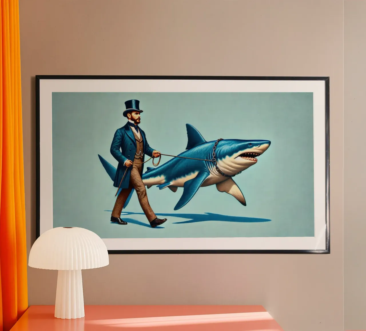 Walking the Shark poster con telaio in alluminio da Art Unleashed