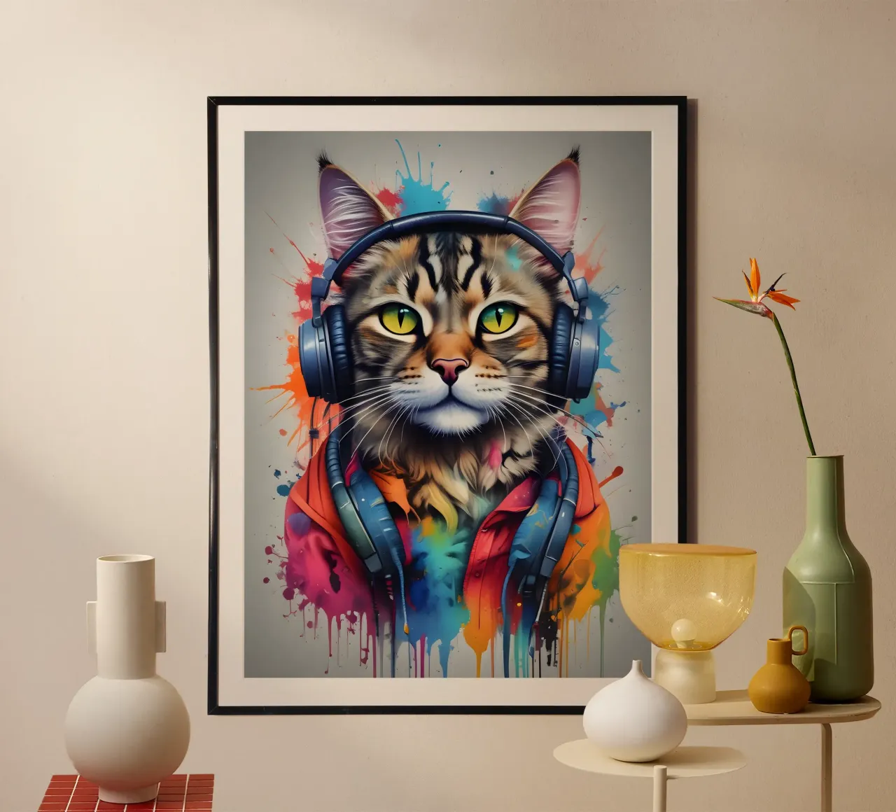 Musique de chat amusante poster avec cadre en bois de MakArena