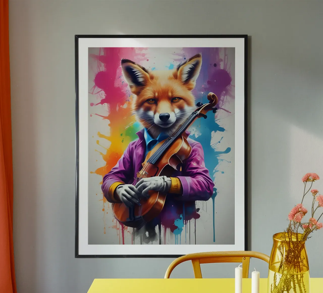 Volpe con violino poster con telaio in alluminio da MakArena
