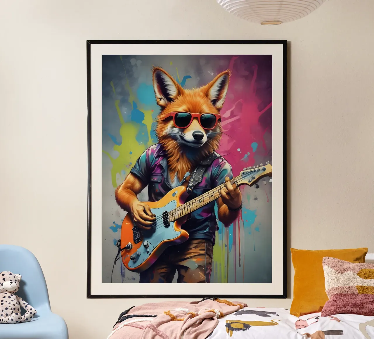 Fuchs spielt Gitarre Poster mit Aluminium Rahmen von MakArena
