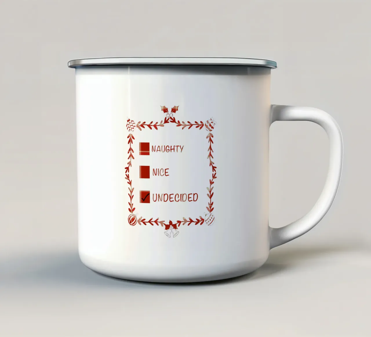 KERSTMIS STOUT OF AARDIG CHECKLIST emaille mok van ARTOMATIC