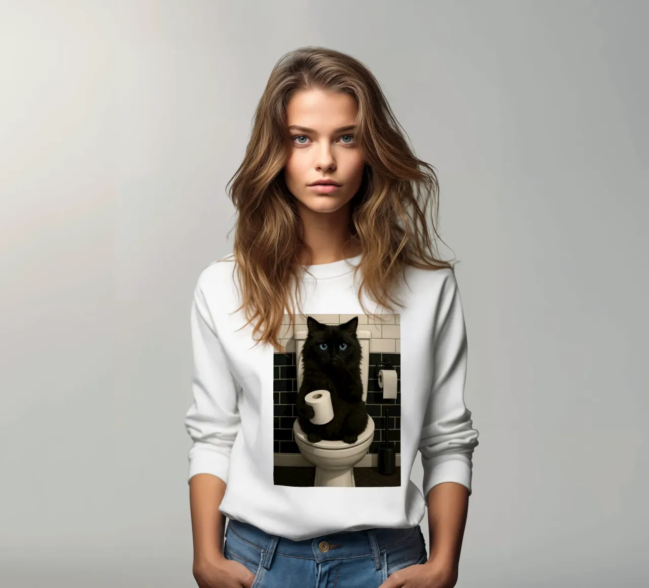 SCHWARZE KATZE AUF TOILETTE MIT TOILETTENPAPIER Sweatshirt von ARTOMATIC