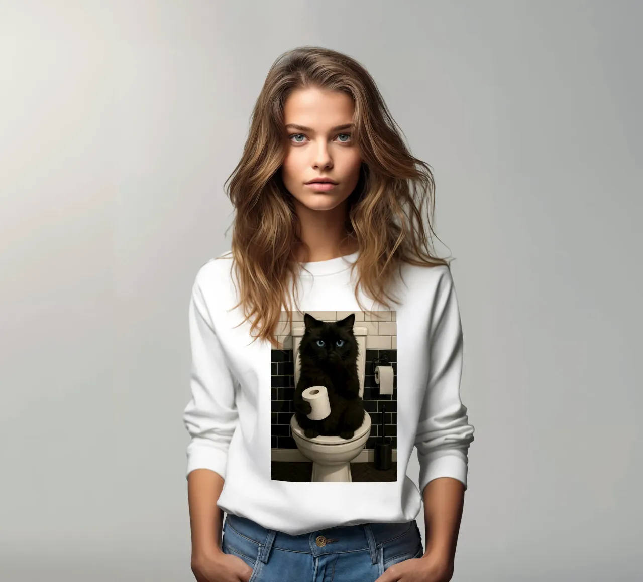 SCHWARZE KATZE AUF TOILETTE MIT TOILETTENPAPIER Sweatshirt von ARTOMATIC