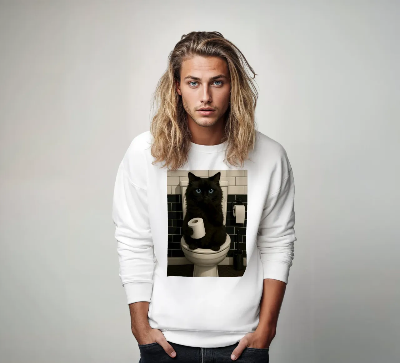 SCHWARZE KATZE AUF TOILETTE MIT TOILETTENPAPIER Sweatshirt von ARTOMATIC