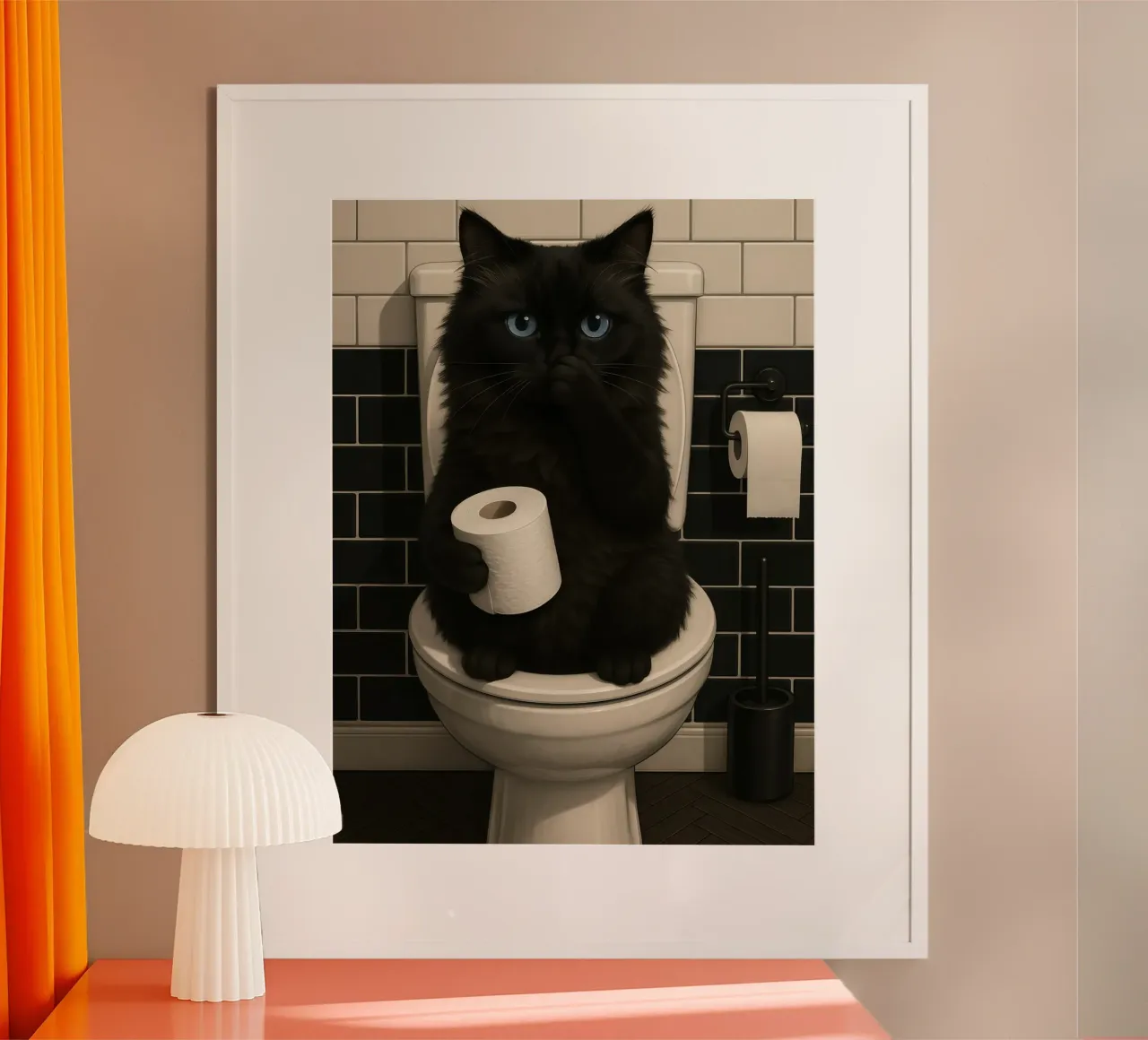 BLACK CAT ON TOILET WITH TOILET ROLL poster with aluminum frame by ARTOMATIC