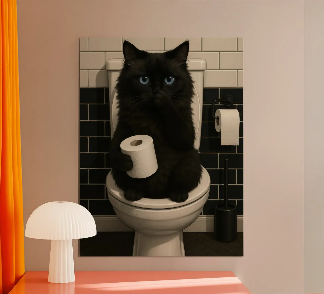 BLACK CAT ON TOILET WITH TOILET ROLL poster with aluminum frame by ARTOMATIC