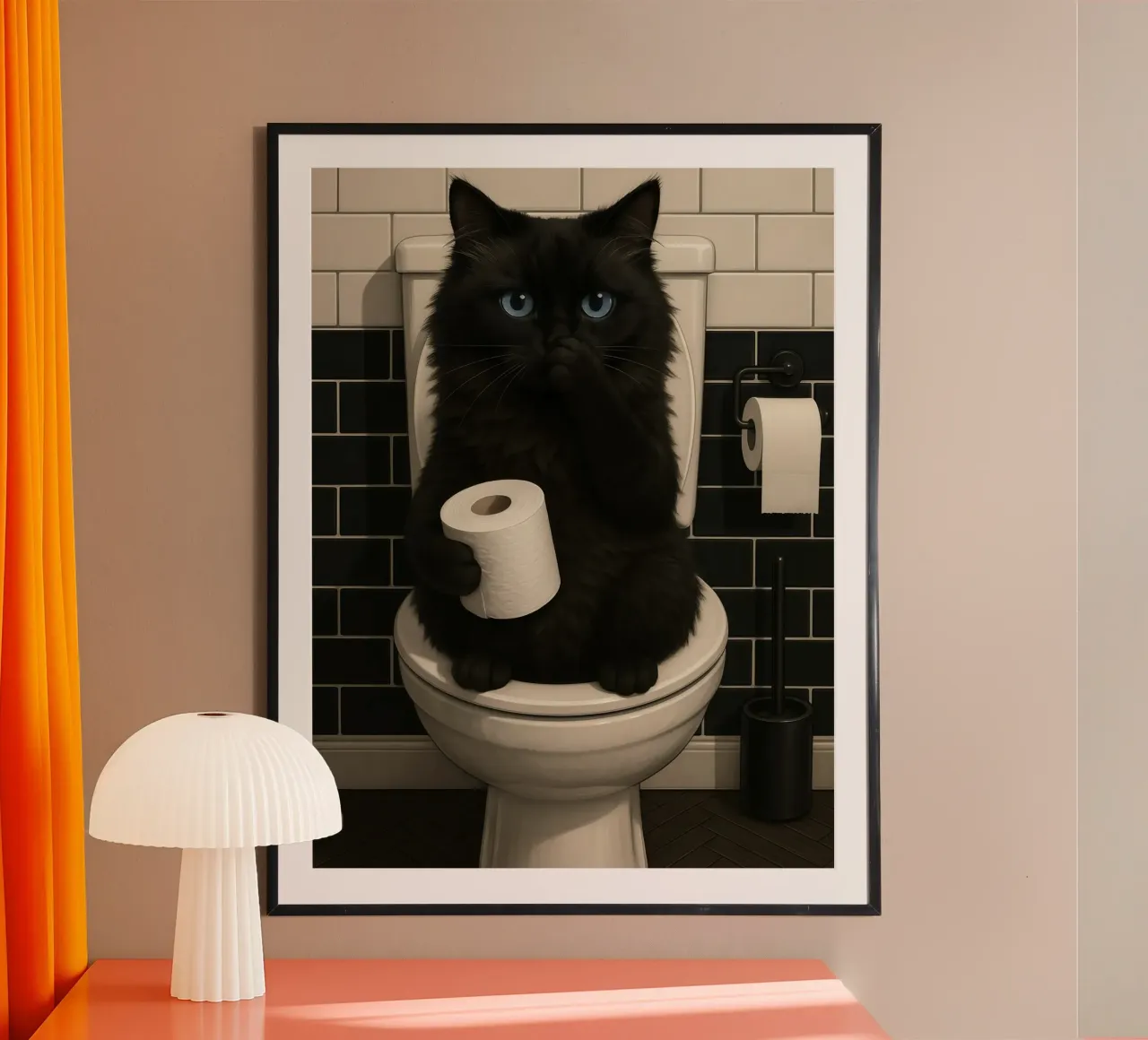BLACK CAT ON TOILET WITH TOILET ROLL poster with aluminum frame by ARTOMATIC