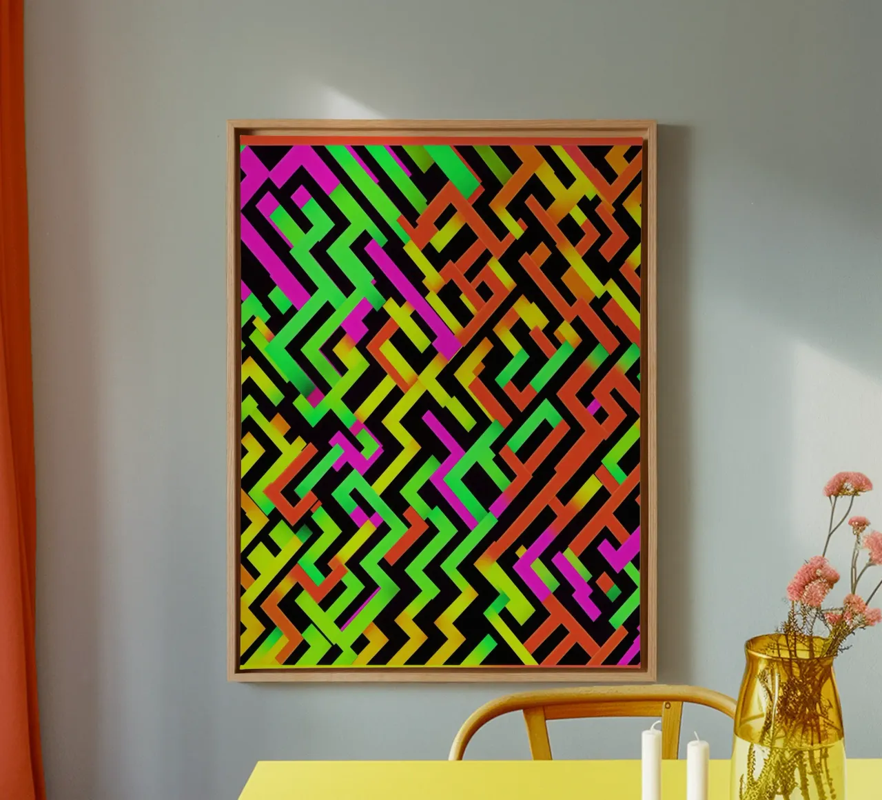 Contemporary Escher pattern in neon style canvas with Floater frame by Autofocus
