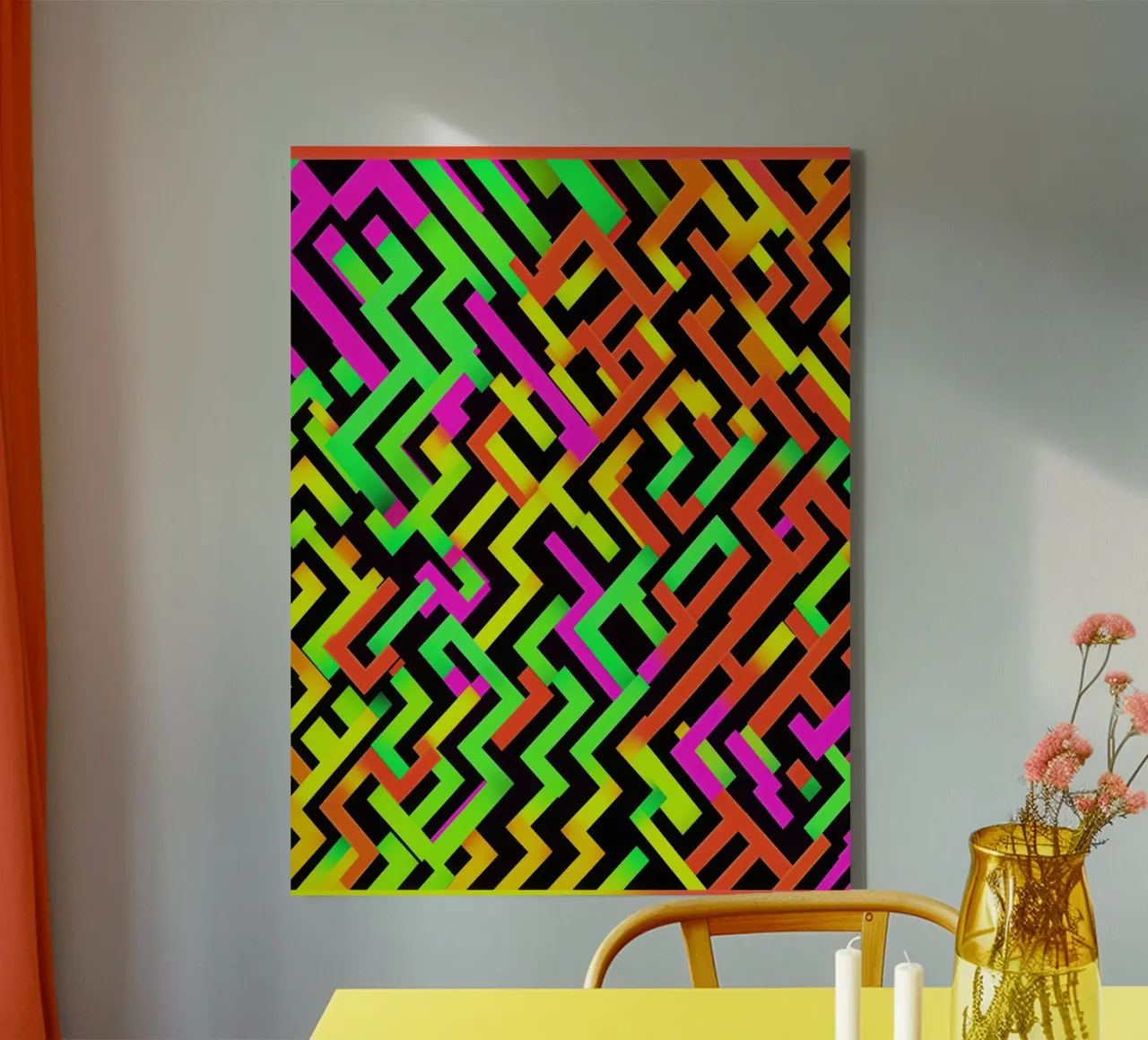 Contemporary Escher pattern in neon style canvas with Floater frame by Autofocus