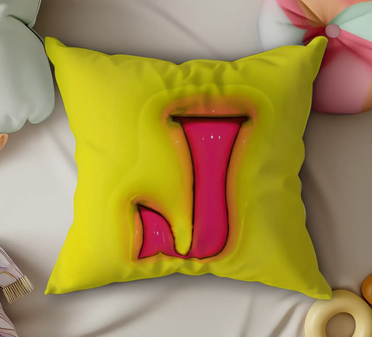 Bubblegum Inflate Initials J Green decorative cushion by Malou-Studio