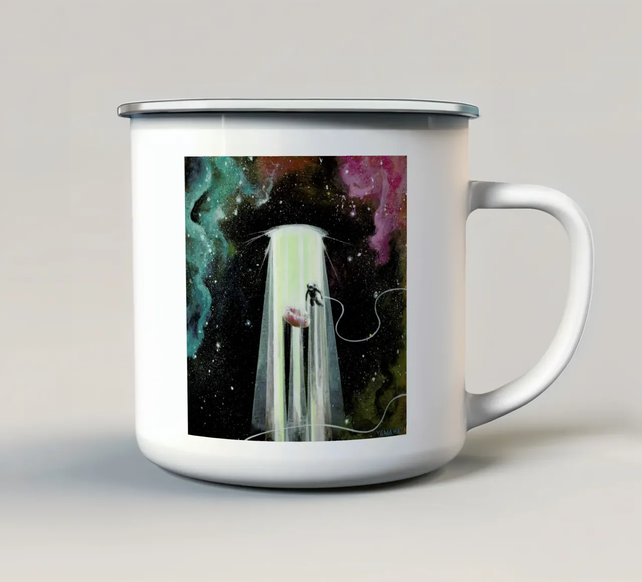 Donut Dimension tazza in smalto da Jared Yamahata
