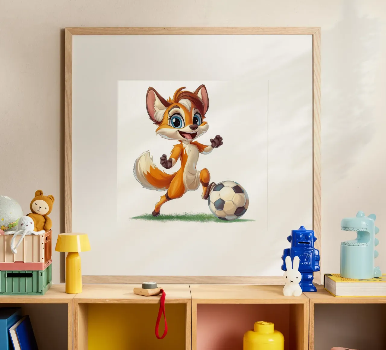 La volpe cool gioca a calcio poster con telaio in legno da Motivate-Today