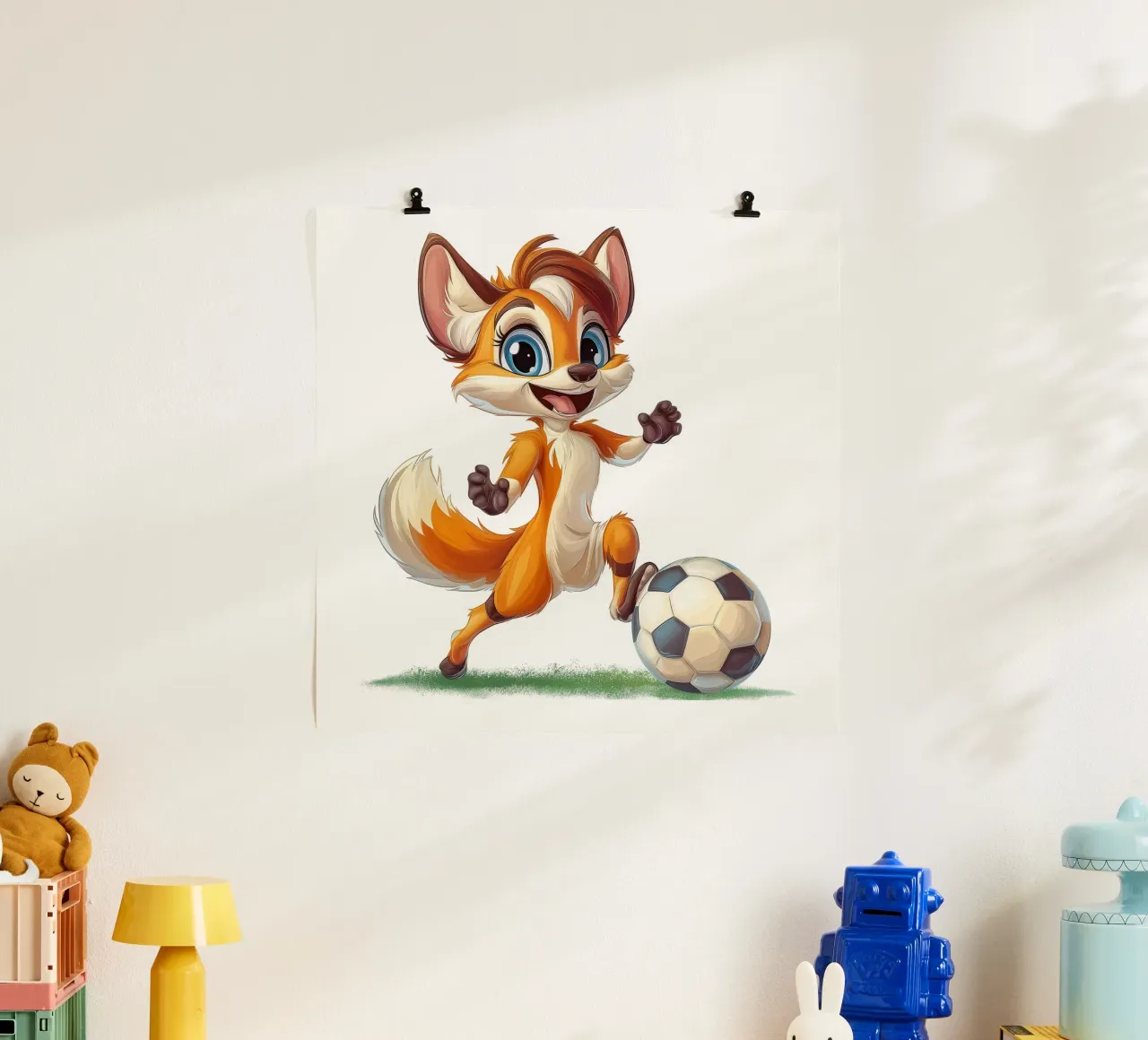 La volpe cool gioca a calcio poster con telaio in legno da Motivate-Today