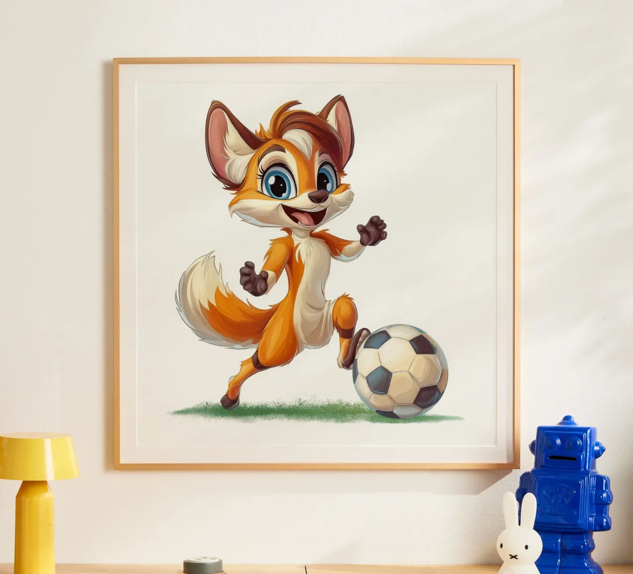 La volpe cool gioca a calcio poster con telaio in legno da Motivate-Today