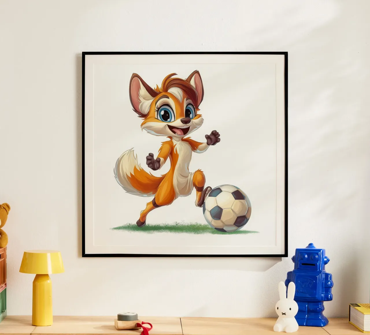 La volpe cool gioca a calcio poster con telaio in legno da Motivate-Today