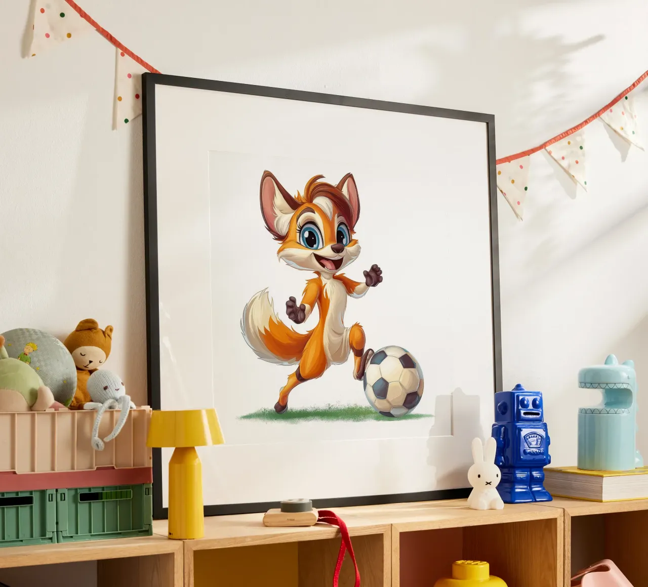 La volpe cool gioca a calcio poster con telaio in legno da Motivate-Today