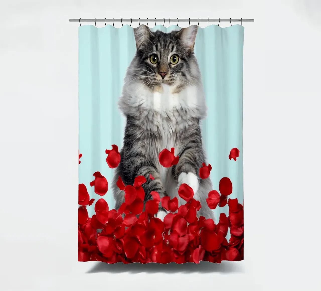 gray cat and red roses shower curtain by Berwies Artwork