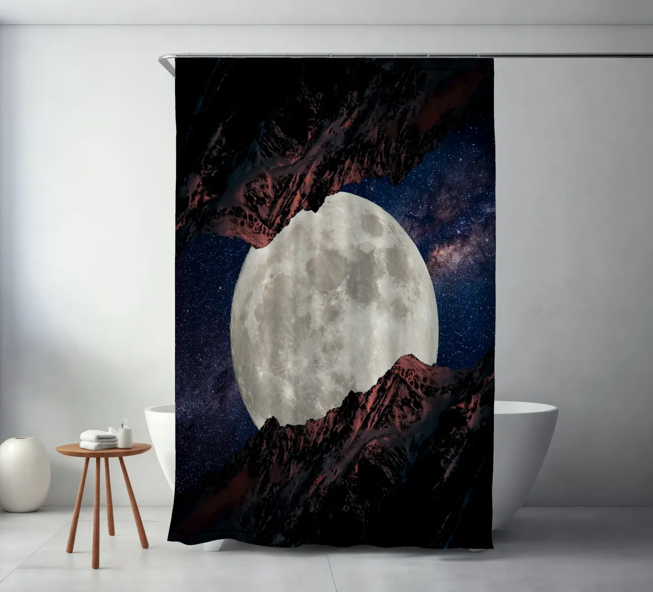 twin mountains and moon shower curtain by Berwies Artwork
