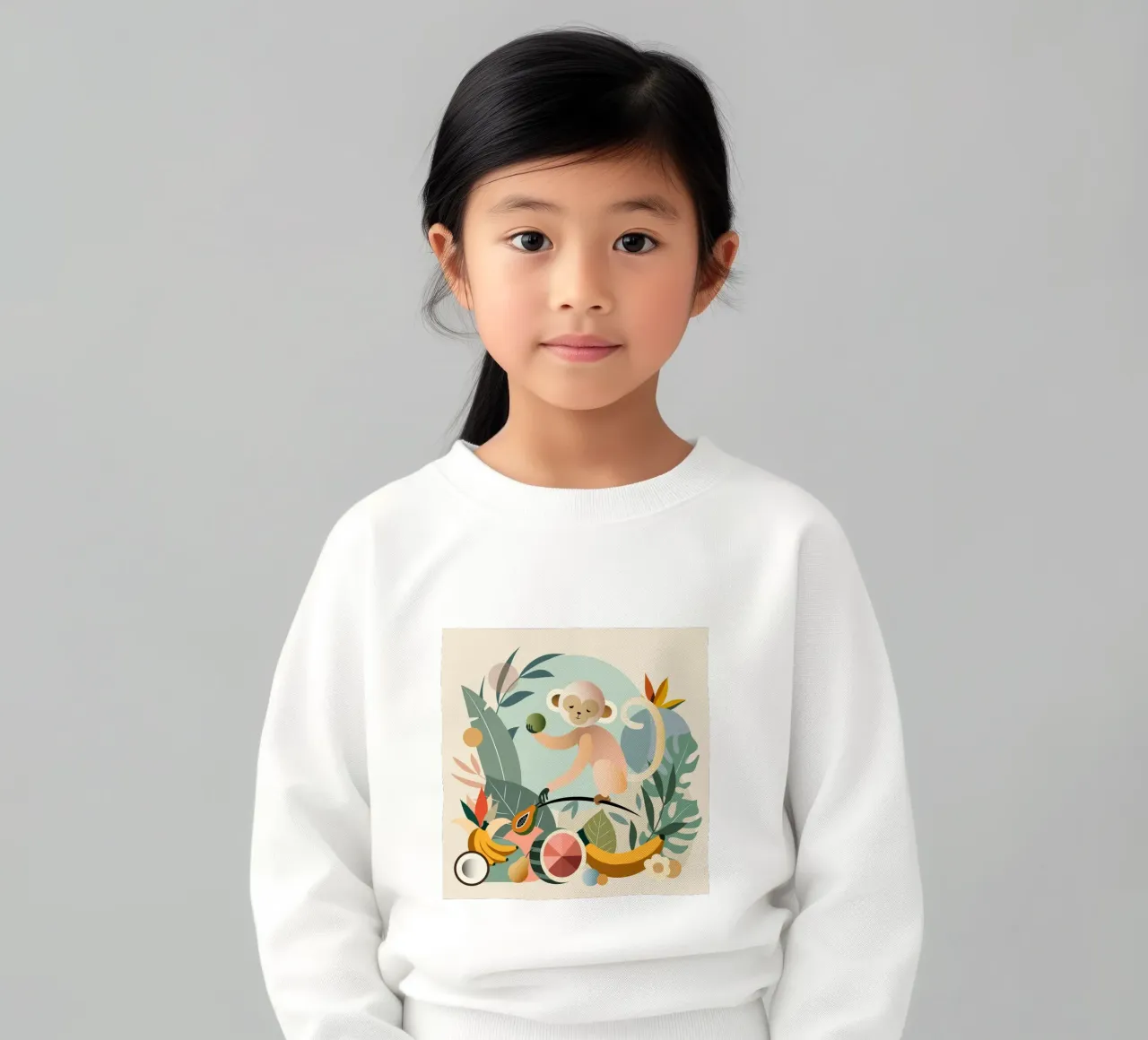 Playful monkey with tropical fruits and plants kids sweatshirt by namosh