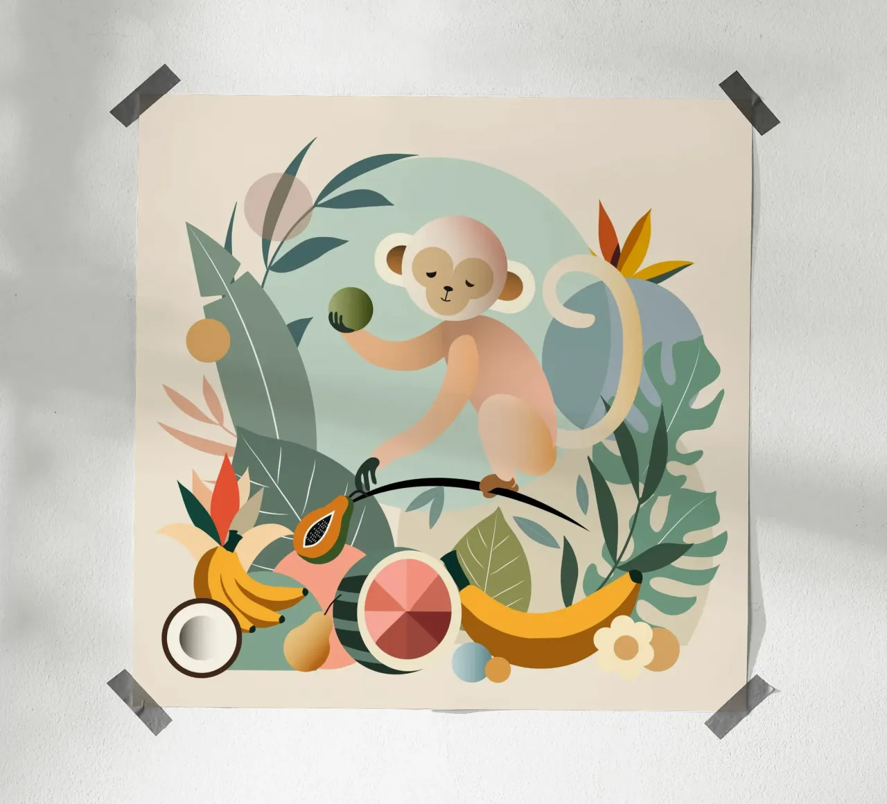 Scimmia giocosa con frutti e piante tropicali carta hahnemühle da namosh