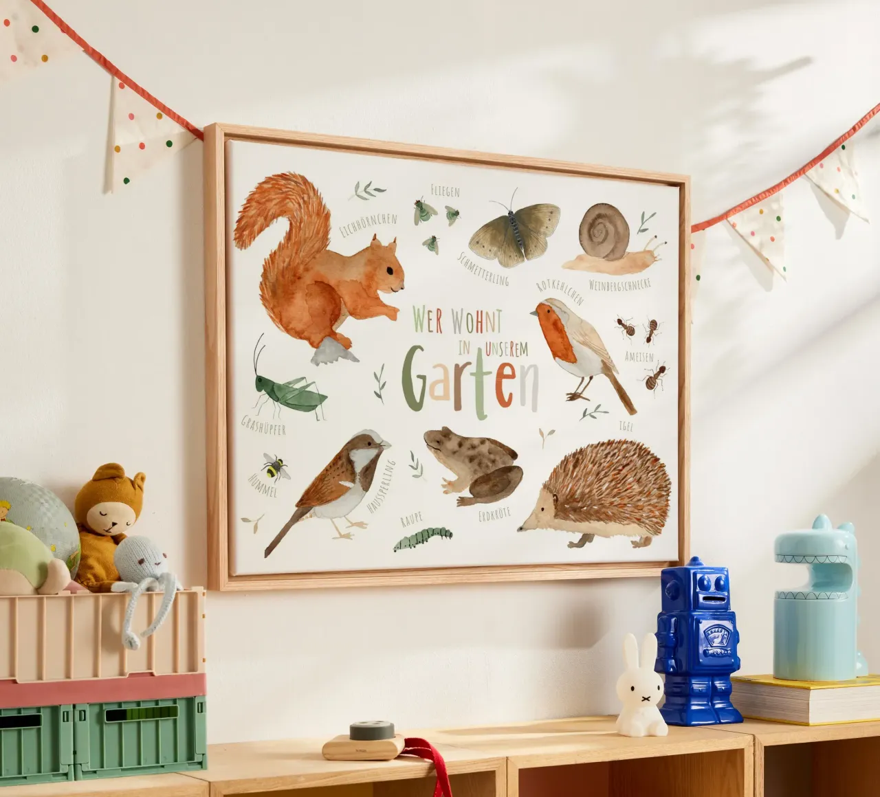 Wie leeft er in onze tuin - tuindieren canvas met Baklijst van herzundpapier