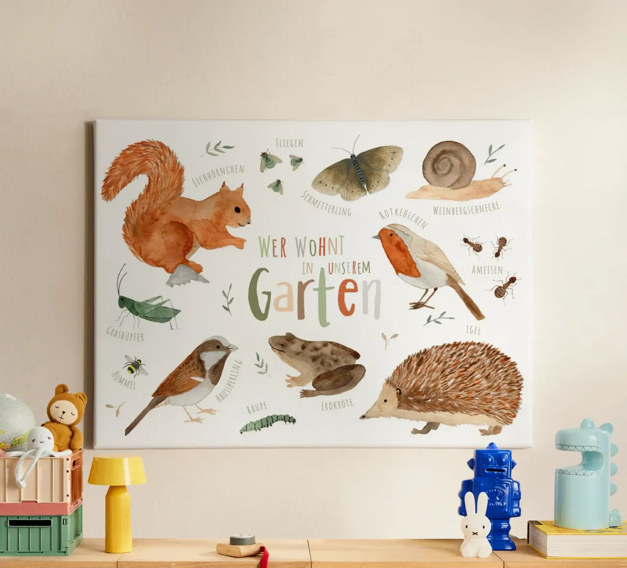 Wie leeft er in onze tuin - tuindieren canvas met Baklijst van herzundpapier